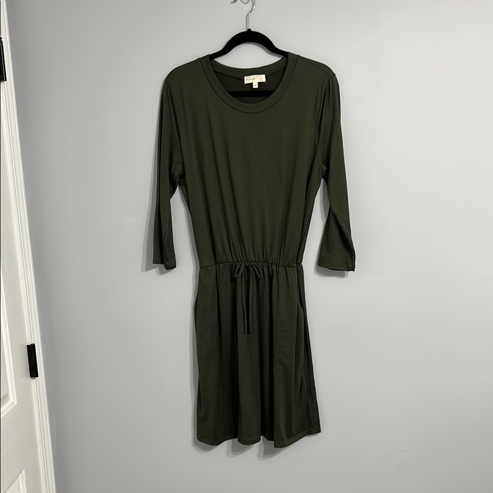 Olive Green Dress with 3/4 Sleeves and Crew Neck